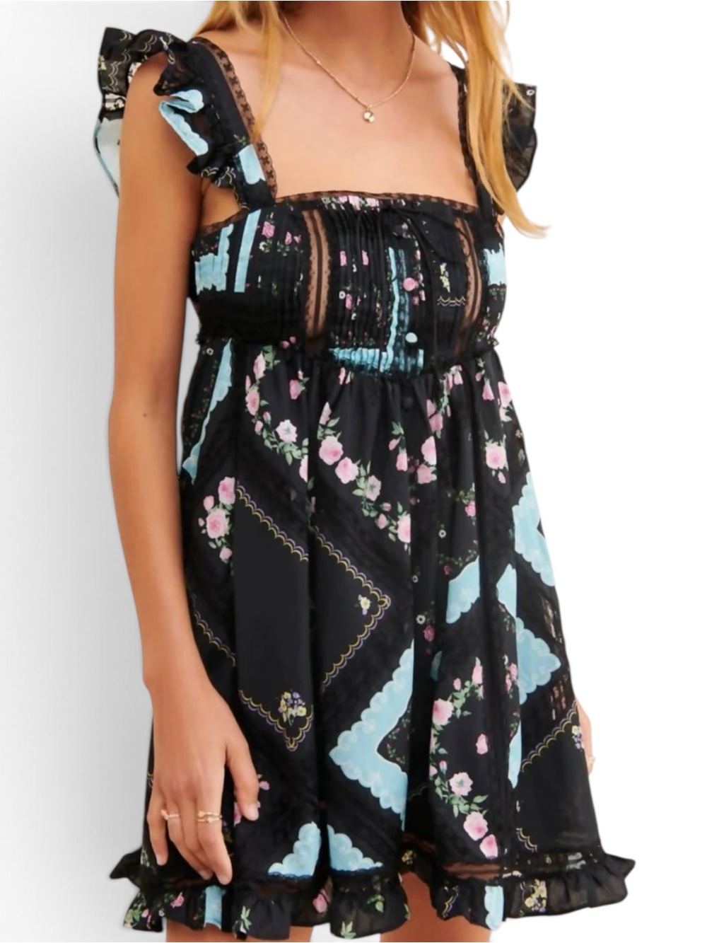 For Love & Lemons - Leanne Black Floral Mini Babydoll Dress Size M